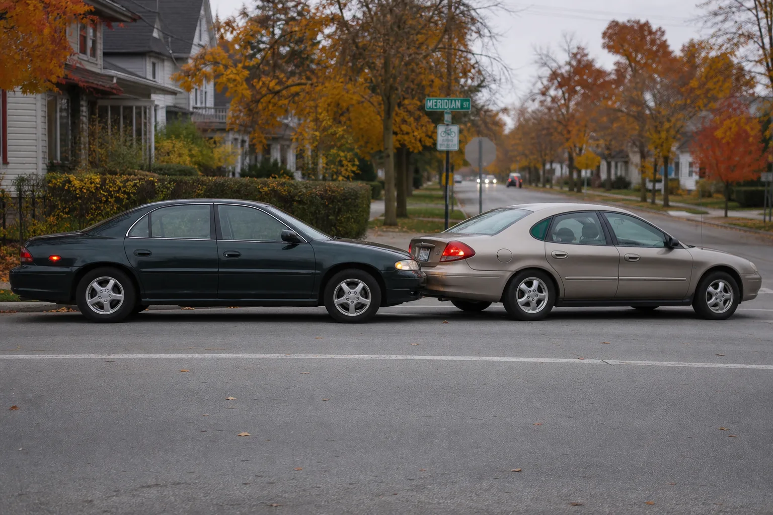 Aftermath of a low-speed rear-end collision on a suburban street with hazard lights on