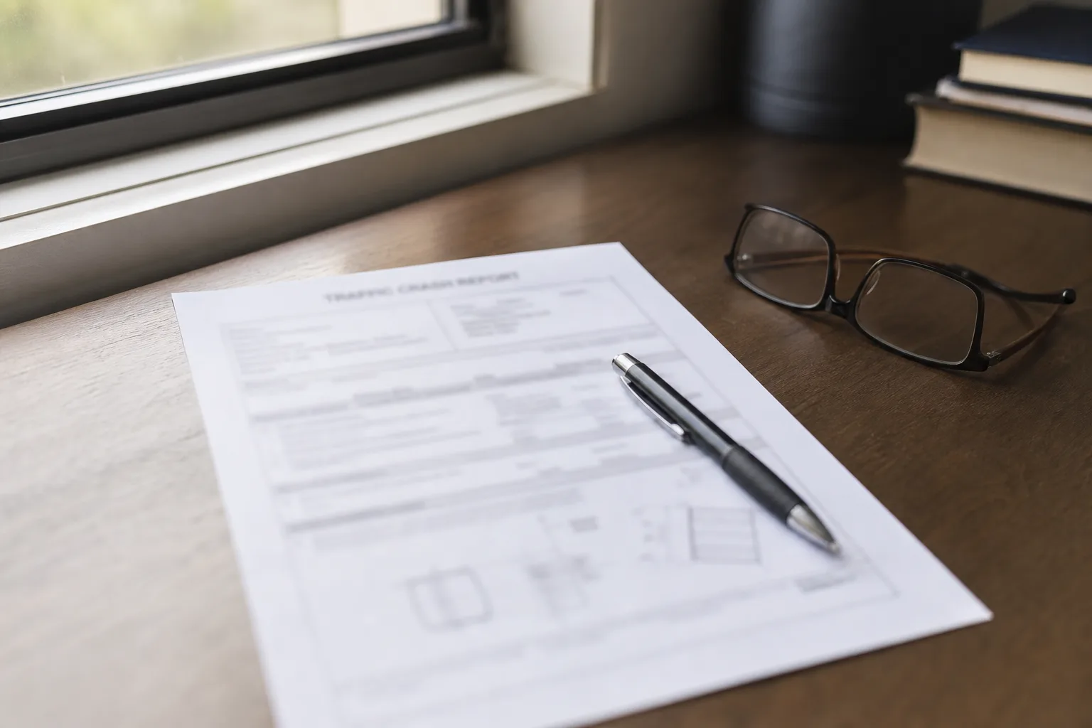 A printed traffic crash report and pen on a desk in soft natural light