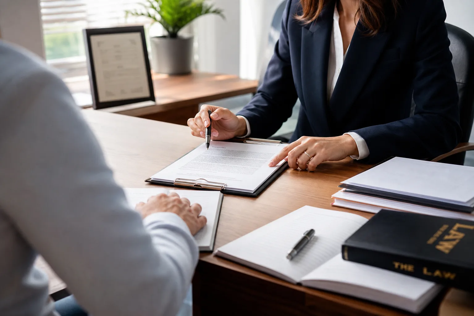 An attorney reviewing accident paperwork with a client across a table in an office