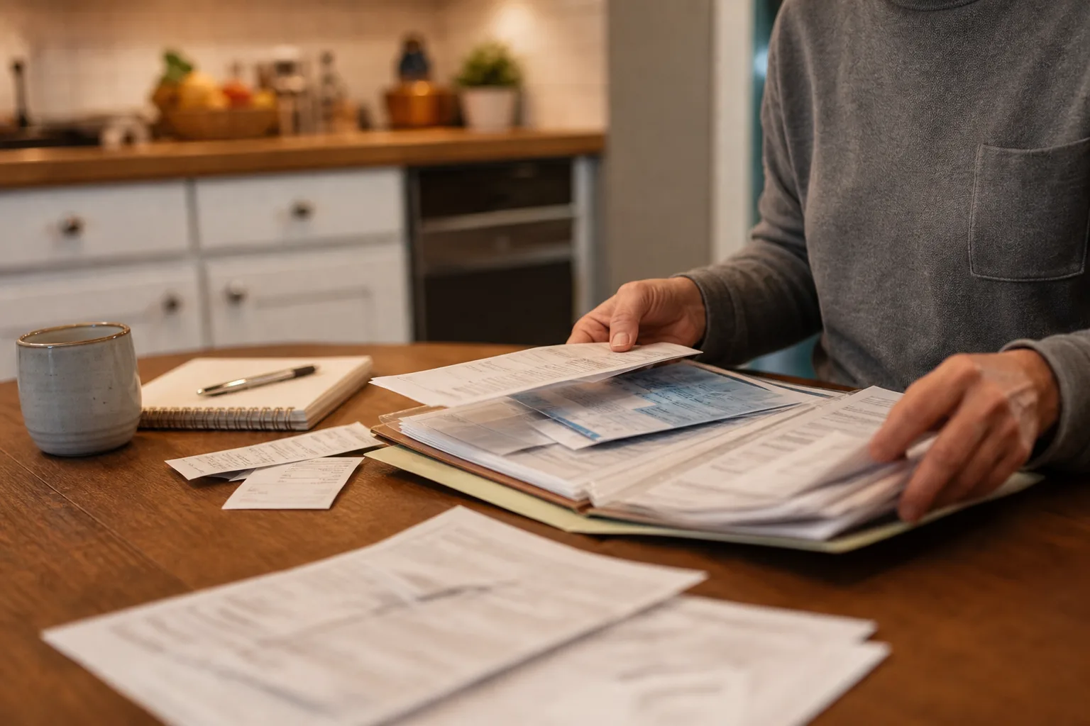 Hands organizing a folder of medical bills and receipts after a car accident