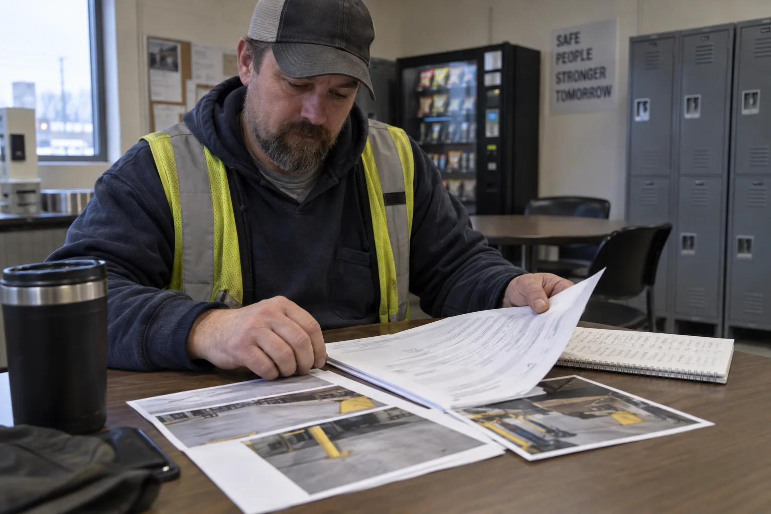 Worker organizing an incident report and related notes at a table