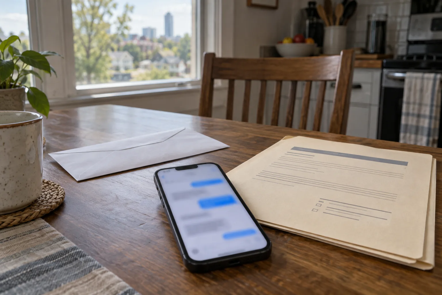 Claim correspondence, phone messages, and an envelope arranged for filing