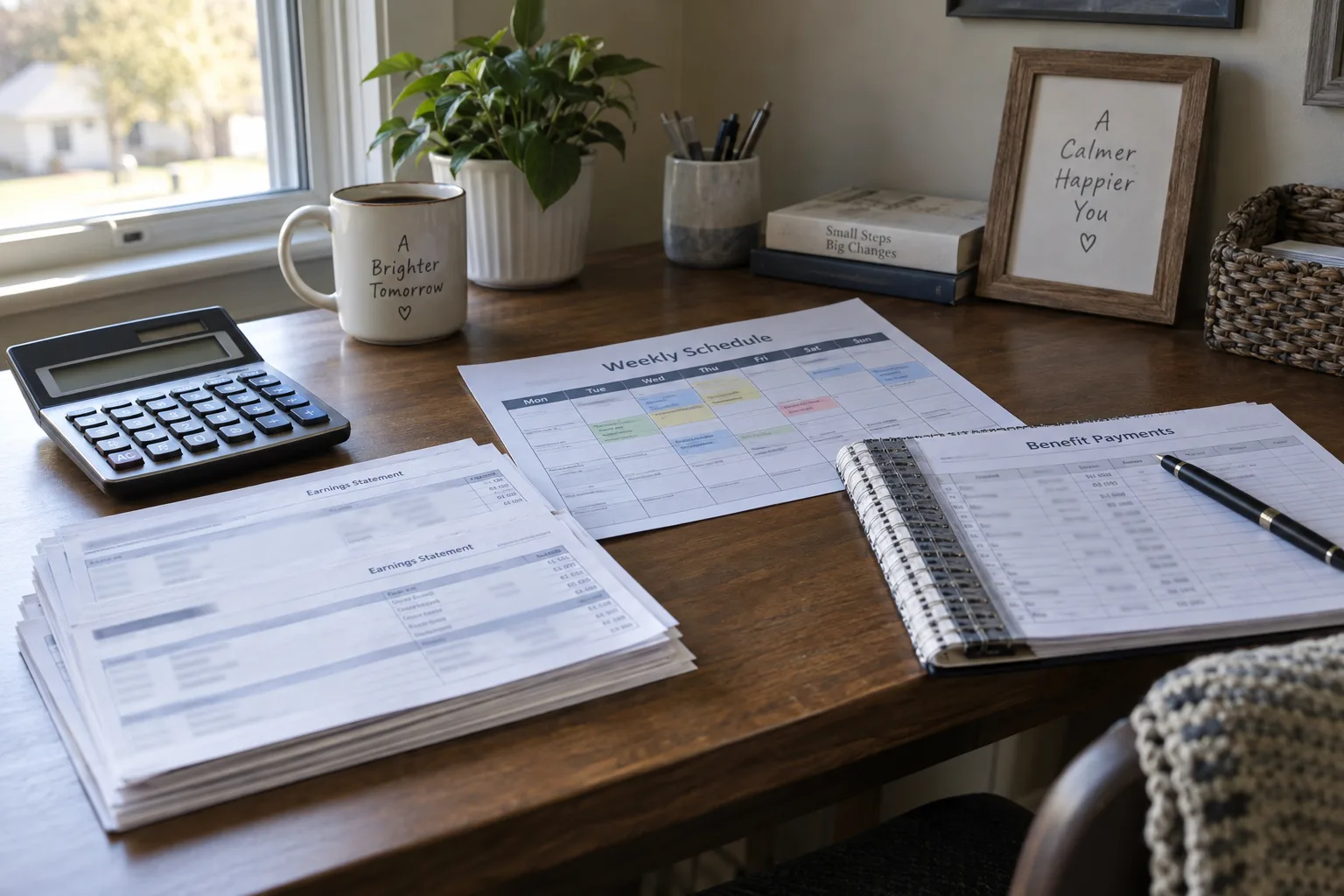 Pay records, work schedule, and benefit-payment log on a desk