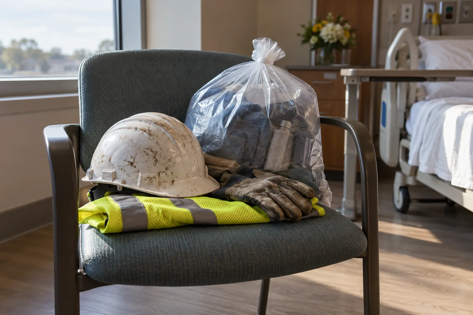 Construction worker’s safety gear organized beside a hospital-room chair