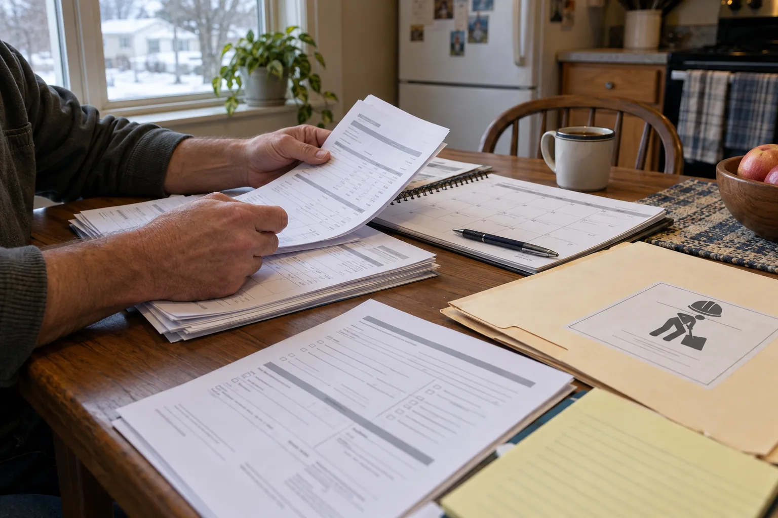 Injured worker organizing wage, medical, and work-restriction records at home