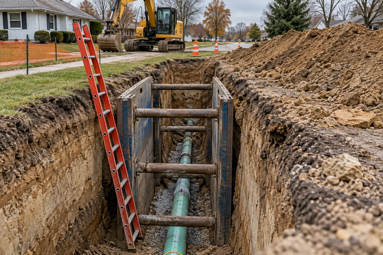 Trench shield, access ladder, and soil pile at a secured Indiana excavation