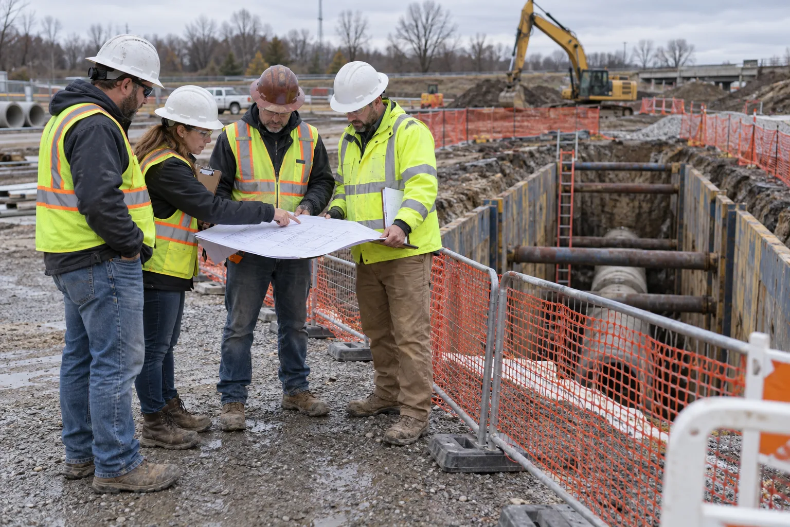 Construction supervisors reviewing a site plan beside a secured trench