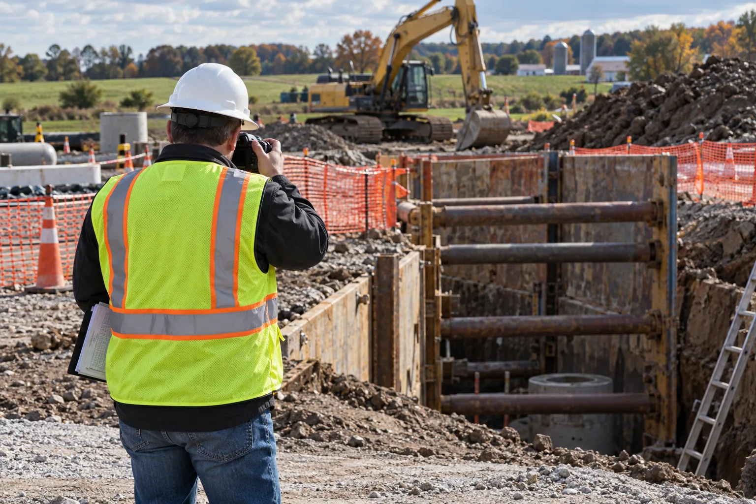 Safety investigator documenting a closed trench worksite in northeast Indiana