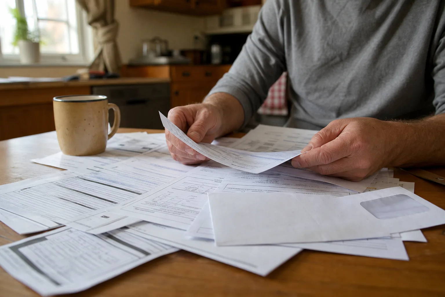 Hands sorting a car accident denial letter, insurance paperwork, and medical bills on a kitchen table