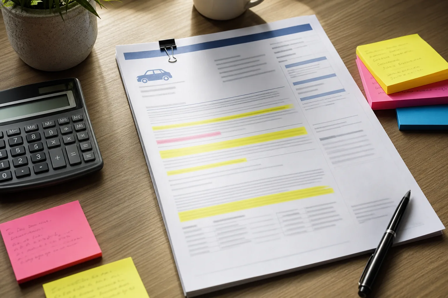Auto insurance policy documents with highlights and notes representing policy review after a denied claim