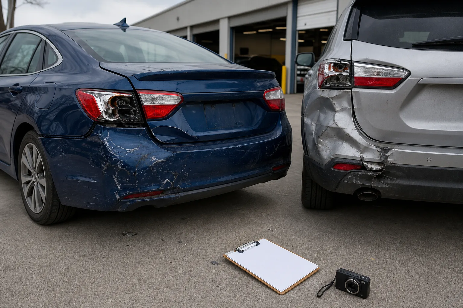 Damaged vehicles at a body shop lot with a camera and clipboard representing documentation after claim denial