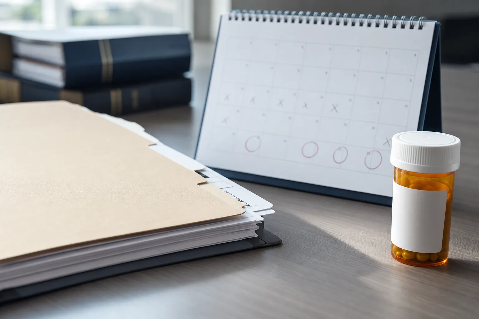 Medical records, appointment calendar, and prescription bottle representing medical documentation after a denied injury claim