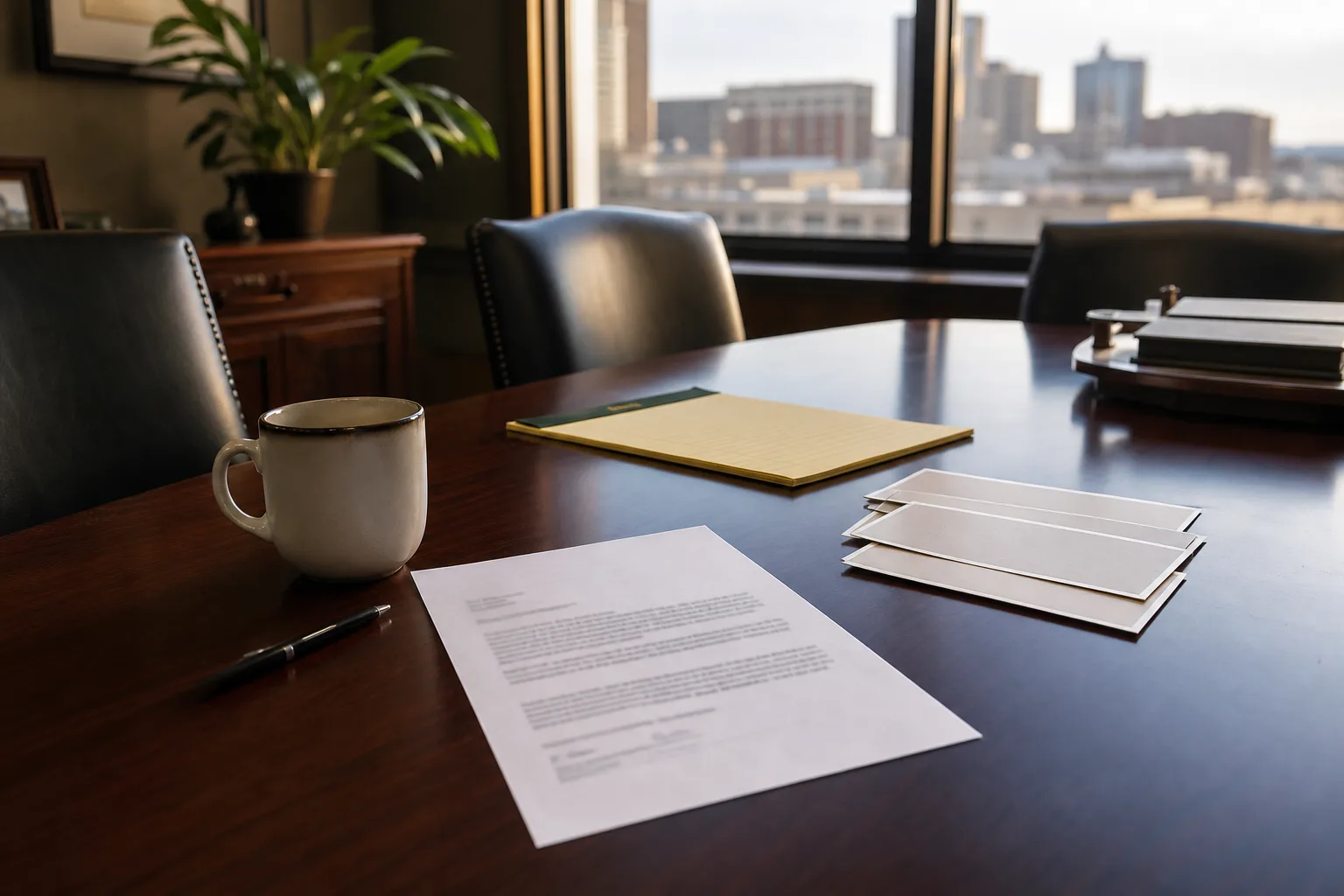 Professional attorney conference table with insurance denial paperwork and legal pad