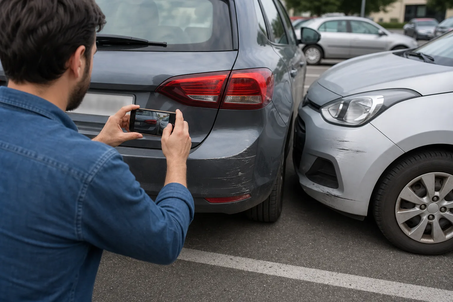 Driver safely photographing vehicle damage and license plate information after an Indiana crash