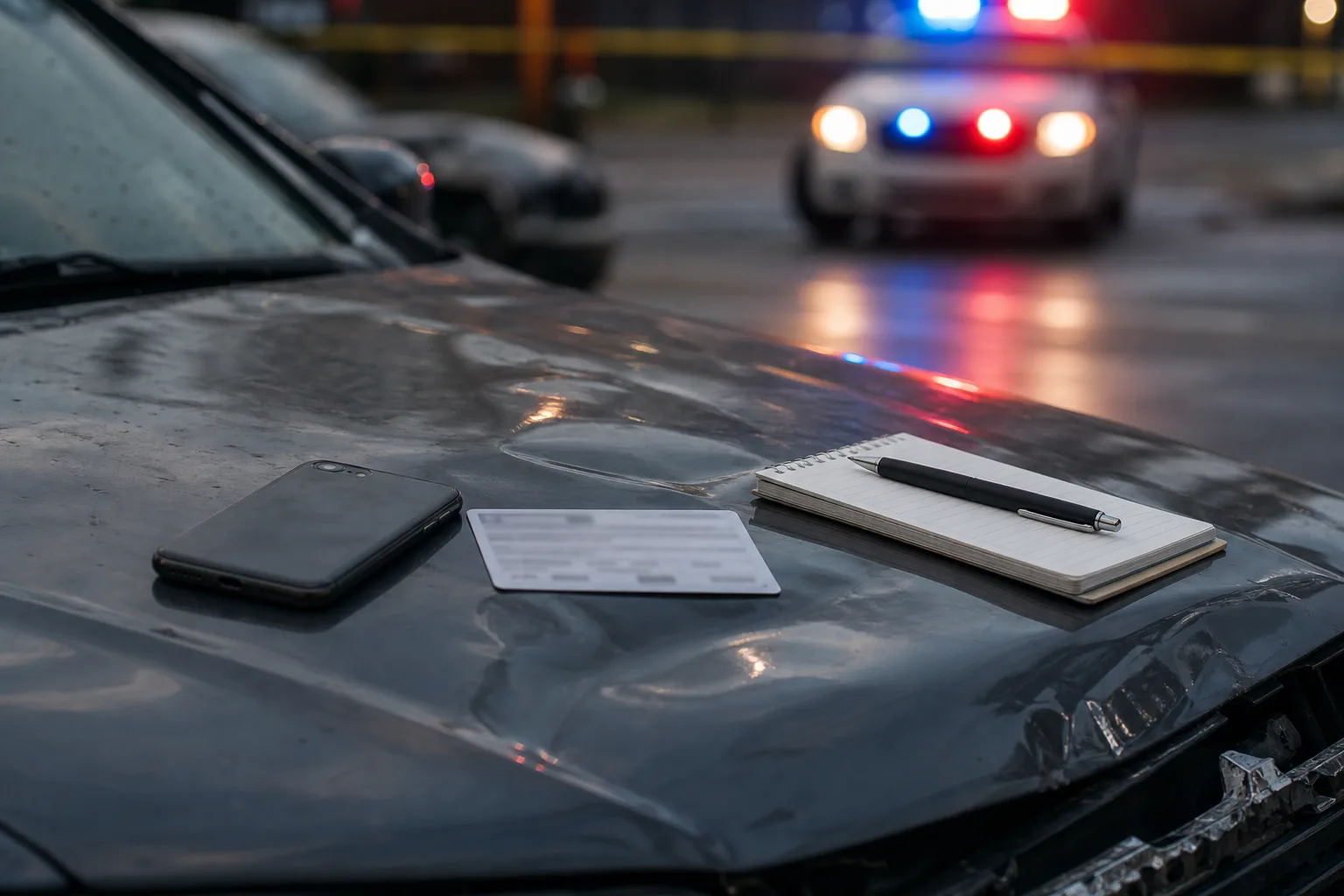 Police report number card and phone on a car hood after a crash with emergency lights blurred