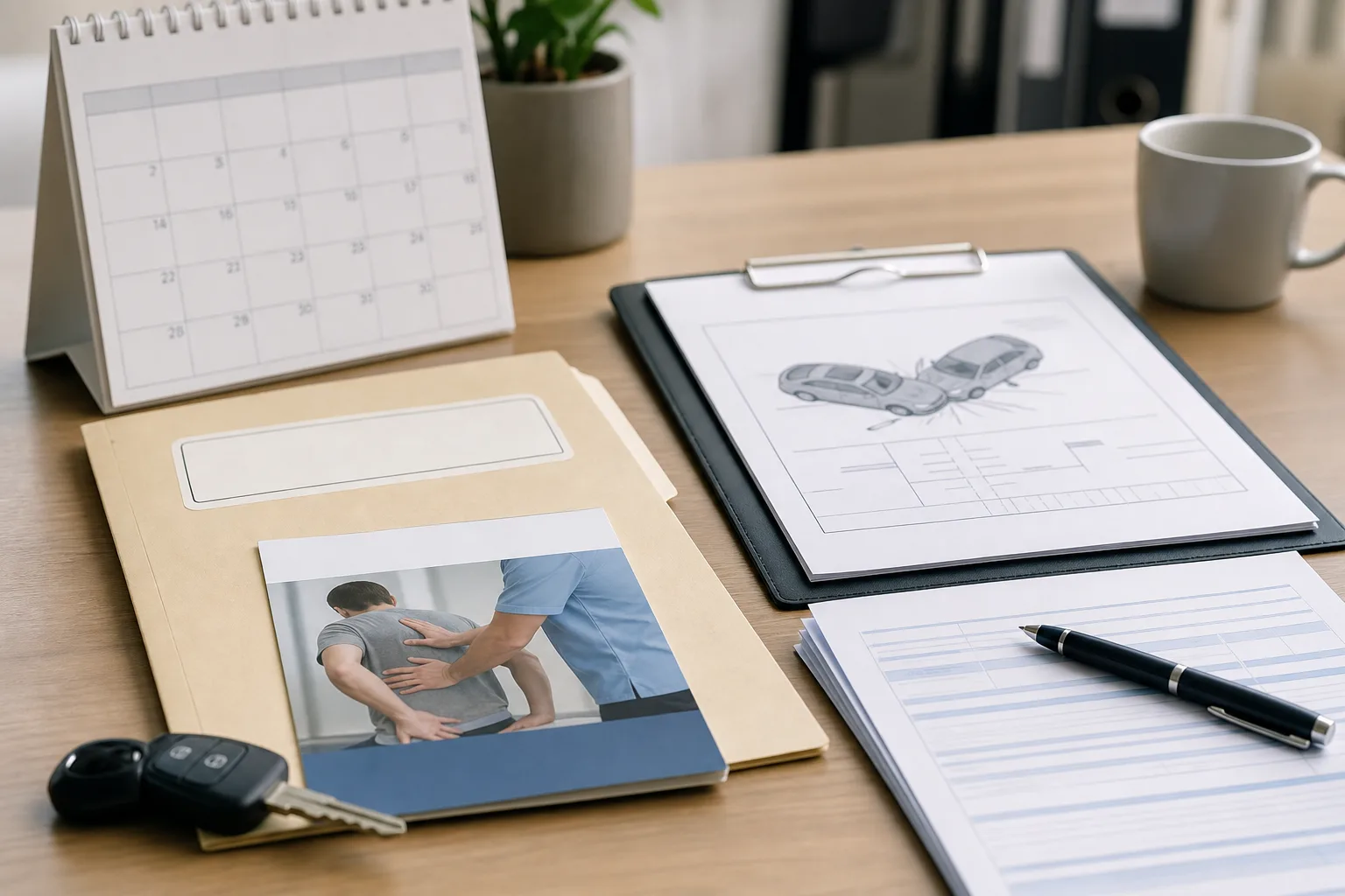 Medical appointment calendar and treatment notes representing documentation after an uninsured driver crash