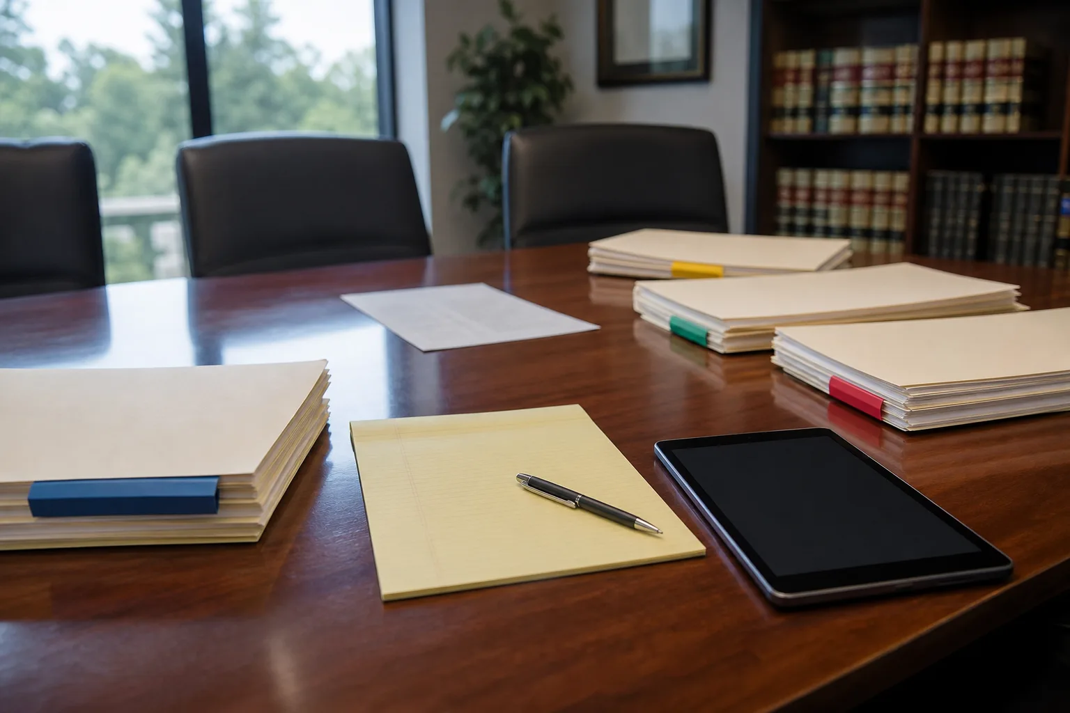 Law office conference table with insurance folders and legal pad for uninsured motorist coverage review