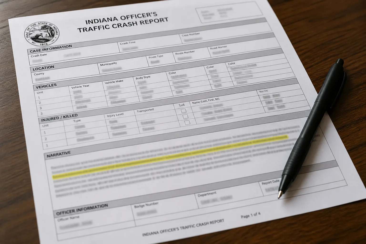 Close-up of a printed crash report with a highlighted line and a pen