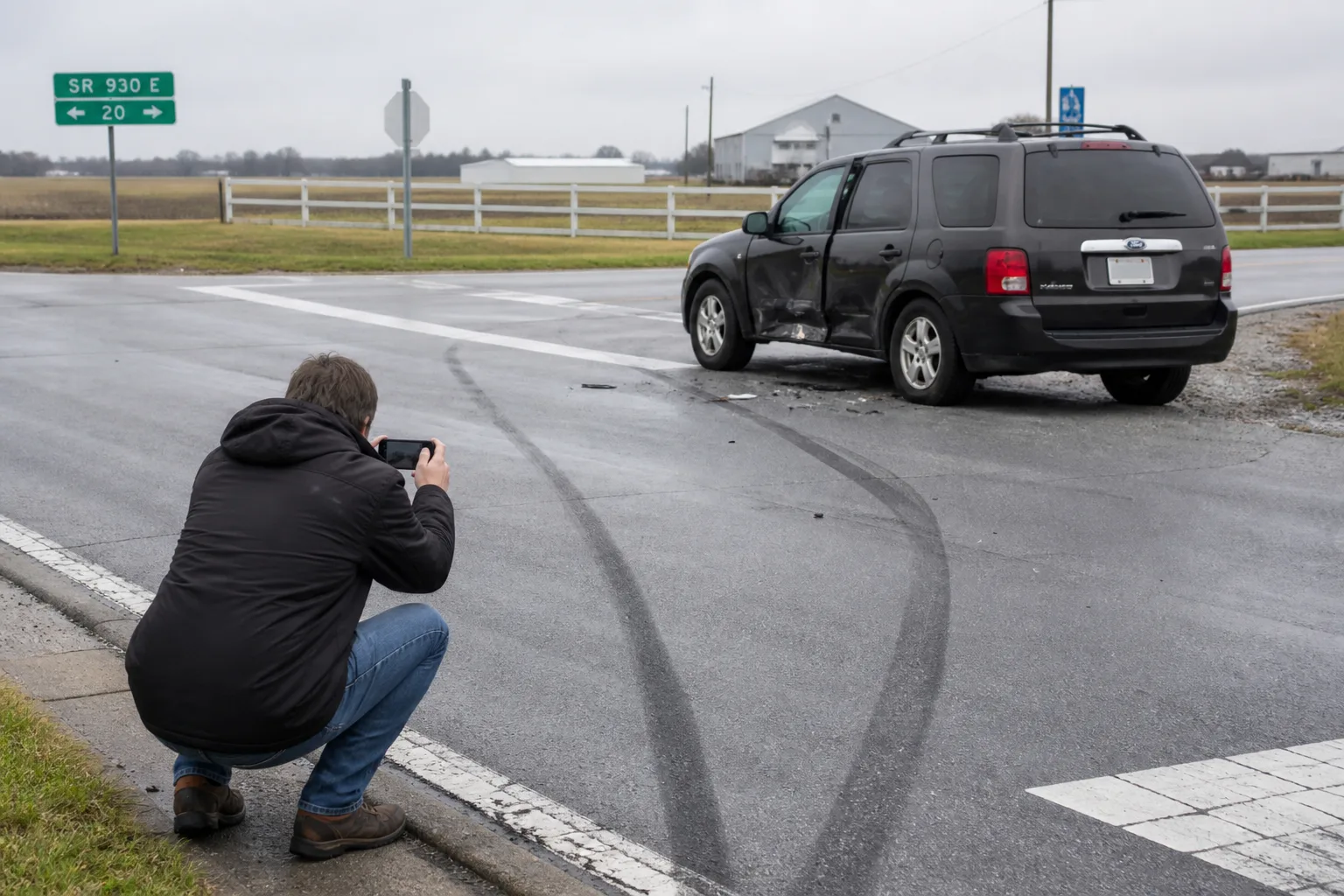 Driver photographing vehicle damage and skid marks at an Indiana intersection