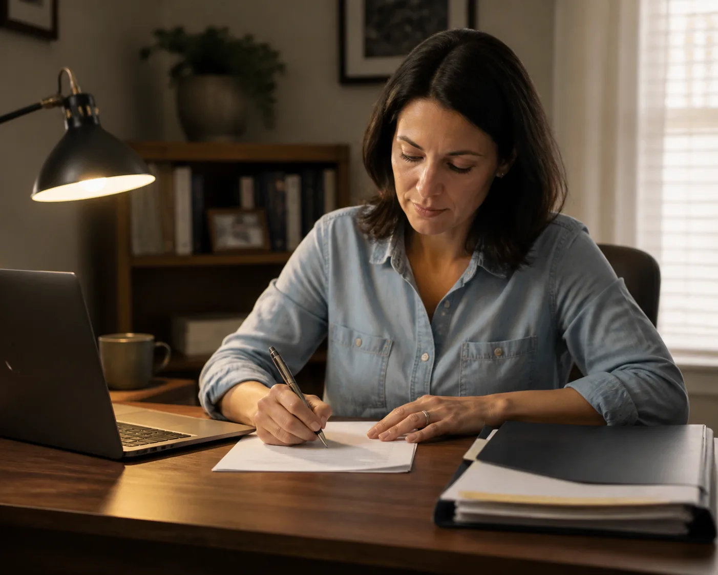 Person writing a supplemental statement letter at a home desk