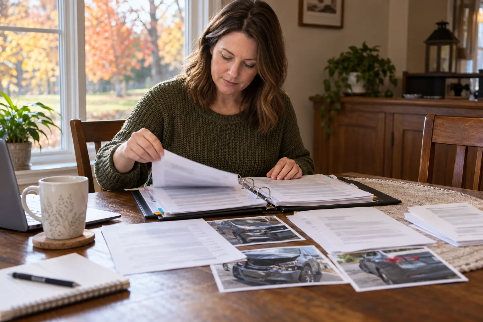 Illustration of a driver organizing a report and correspondence into a crash file