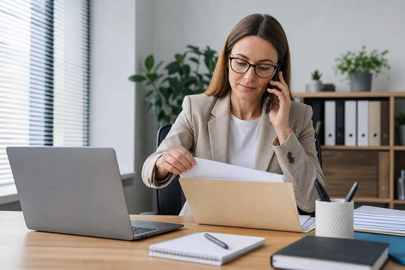 Person organizing crash documents while on the phone with an insurer