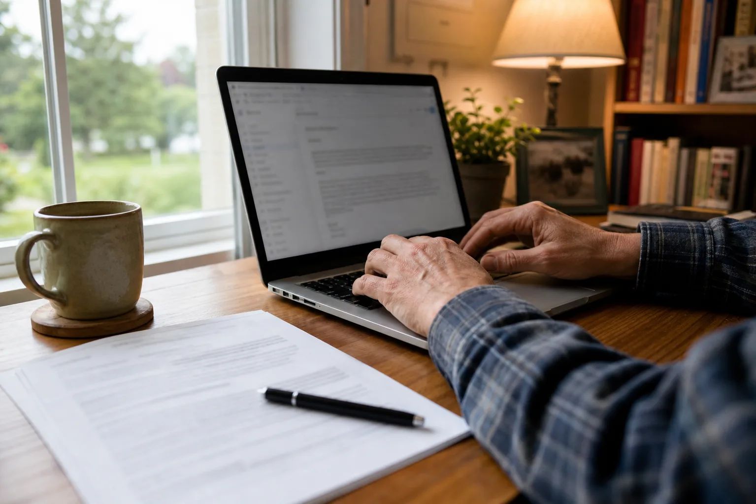 Injured worker typing a written follow-up email to a workers' compensation adjuster