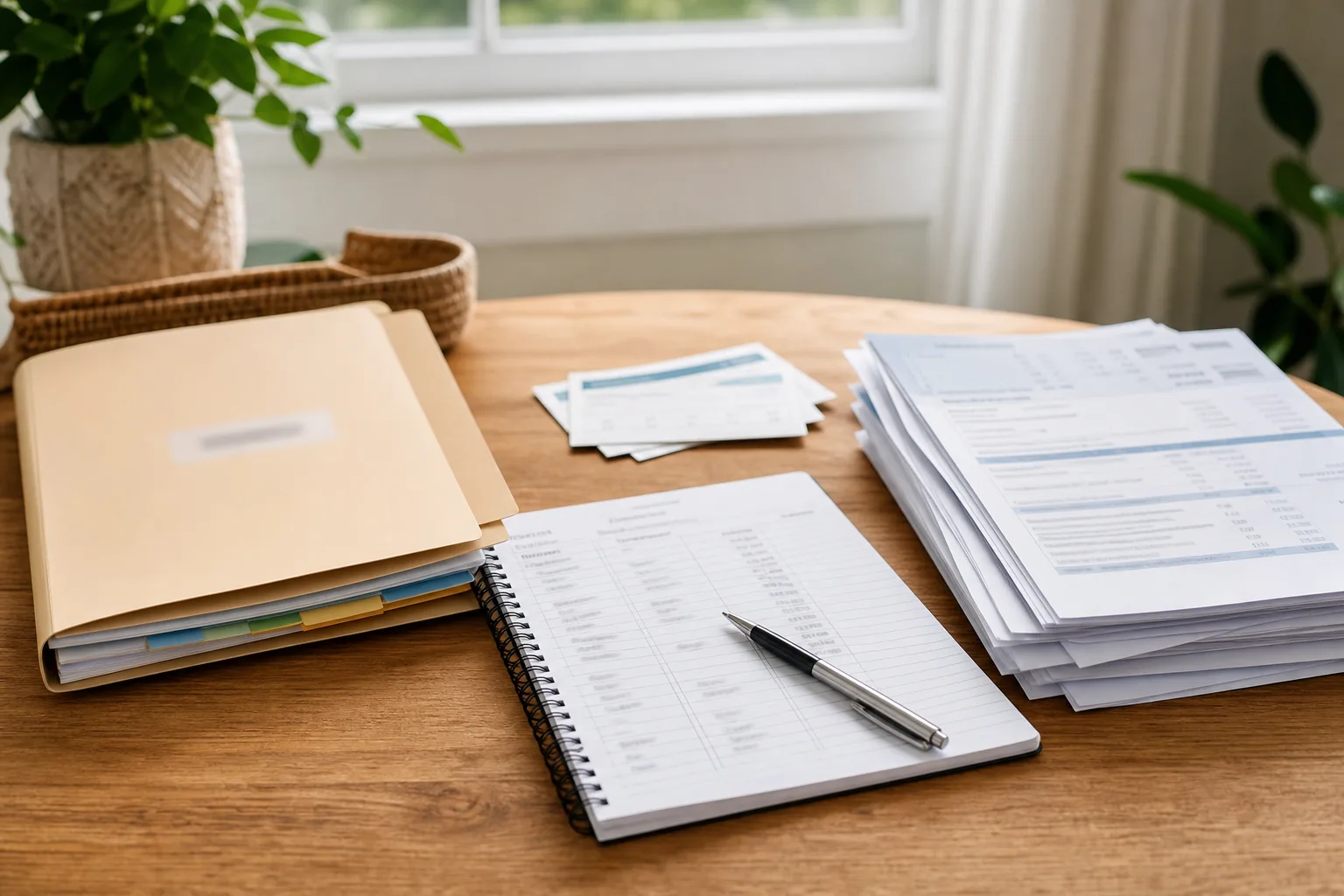 Organized folder of workers' compensation records, call log, and medical bills