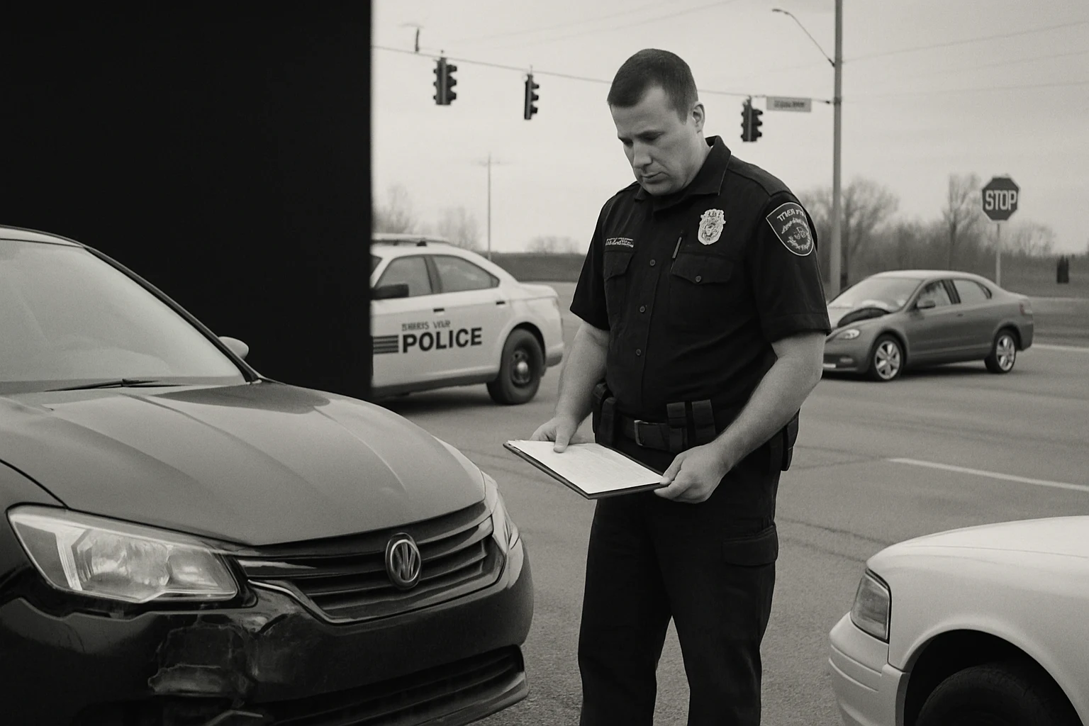 Fort Wayne police officer documenting a two-car crash at an Allen County intersection