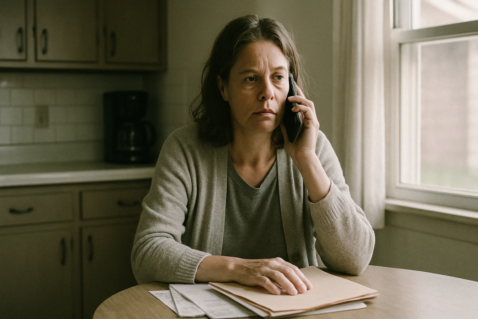 A driver sitting at a kitchen table in Fort Wayne making a phone call to an insurance carrier