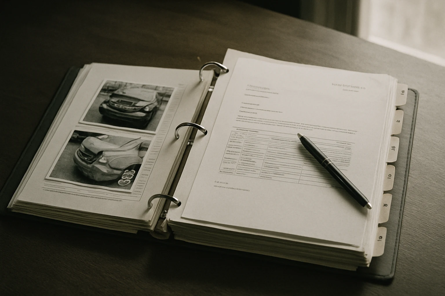A demand binder with medical records, photographs, and bills assembled on a Fort Wayne attorney's desk