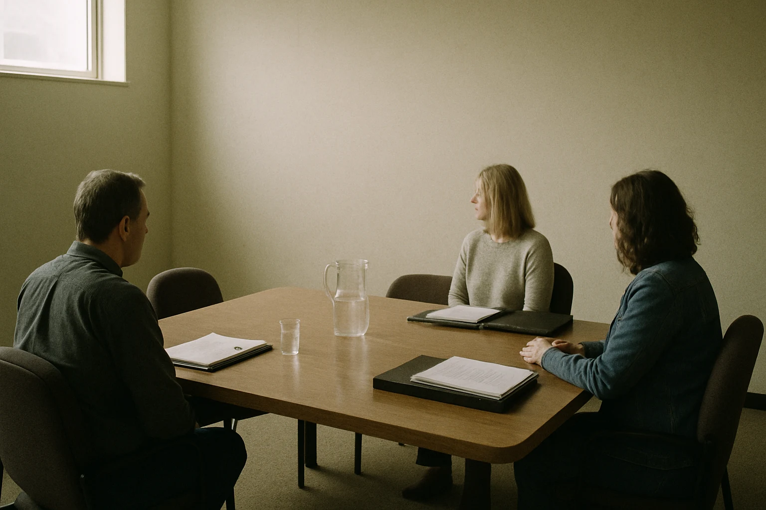 A mediation conference room in a Fort Wayne legal office with documents spread across a long table