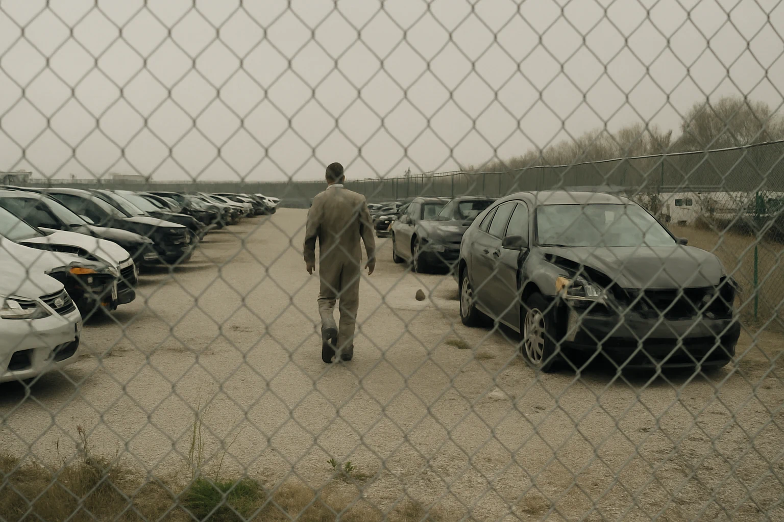 A Indiana tow yard with damaged vehicles awaiting inspection during the claims process