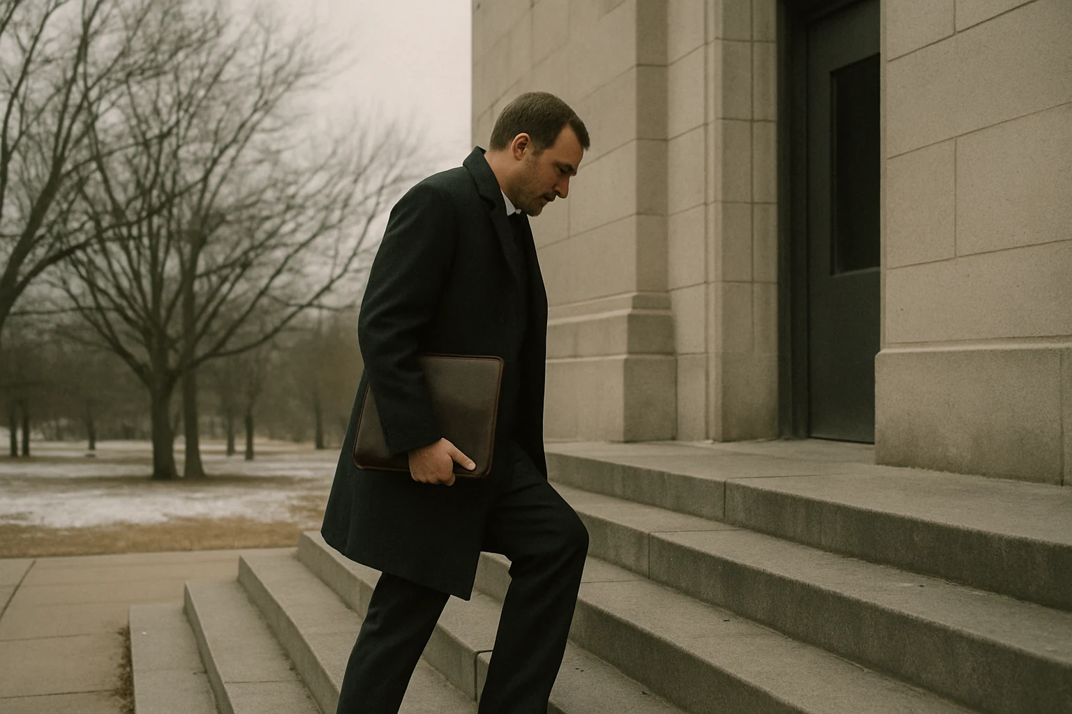 A claimant walking up the side steps of a midwestern county courthouse on the day suit is filed