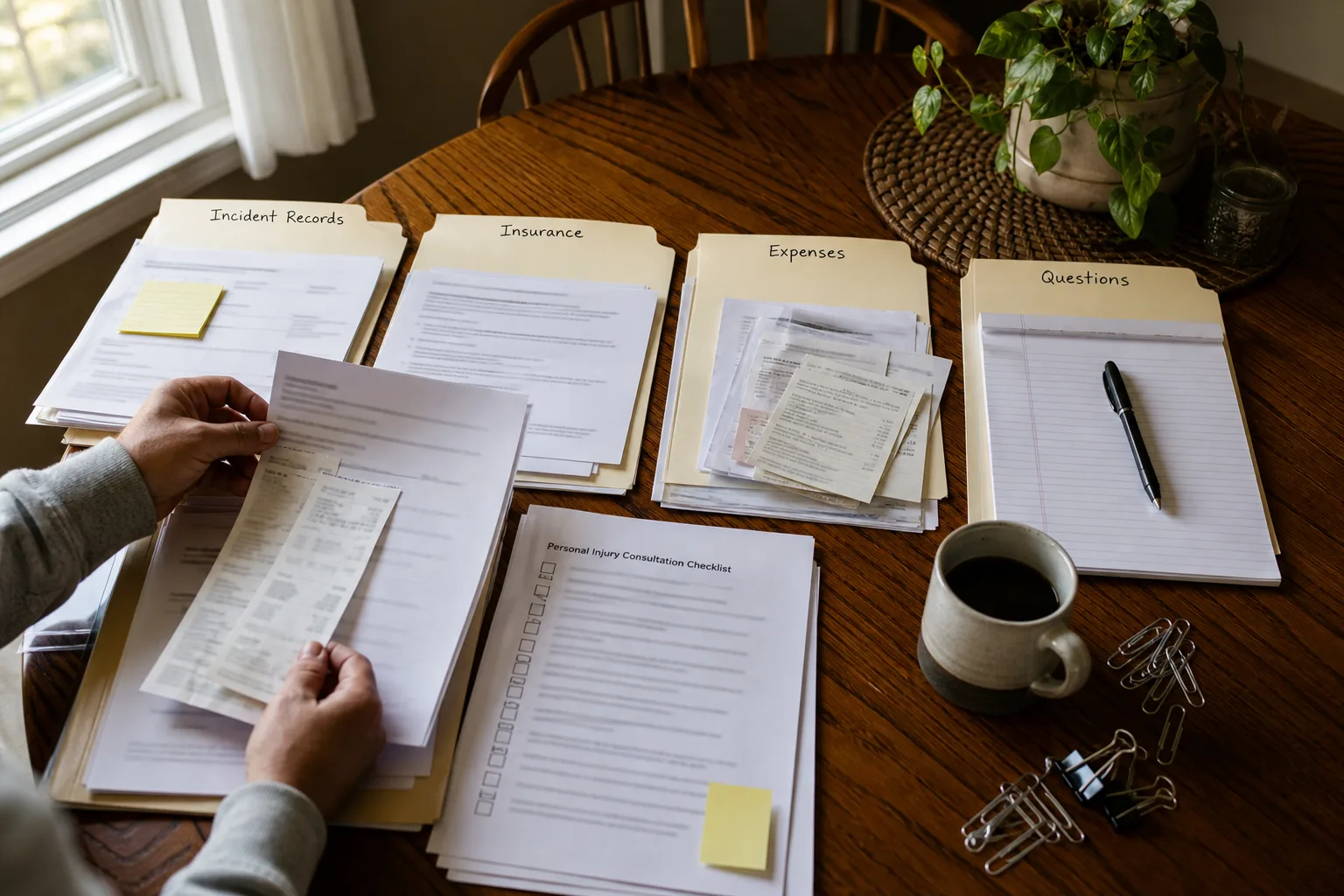 A person organizing consultation documents into labeled folders