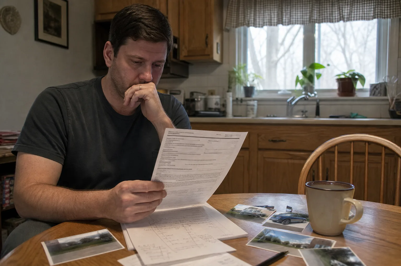 A person reviewing a crash report and handwritten incident timeline