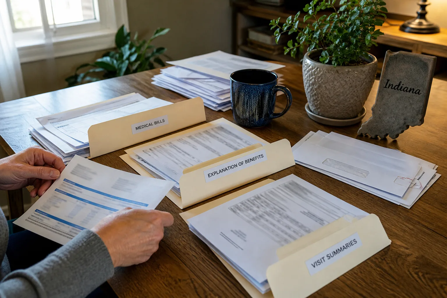 Medical bills and insurance documents being sorted into separate folders