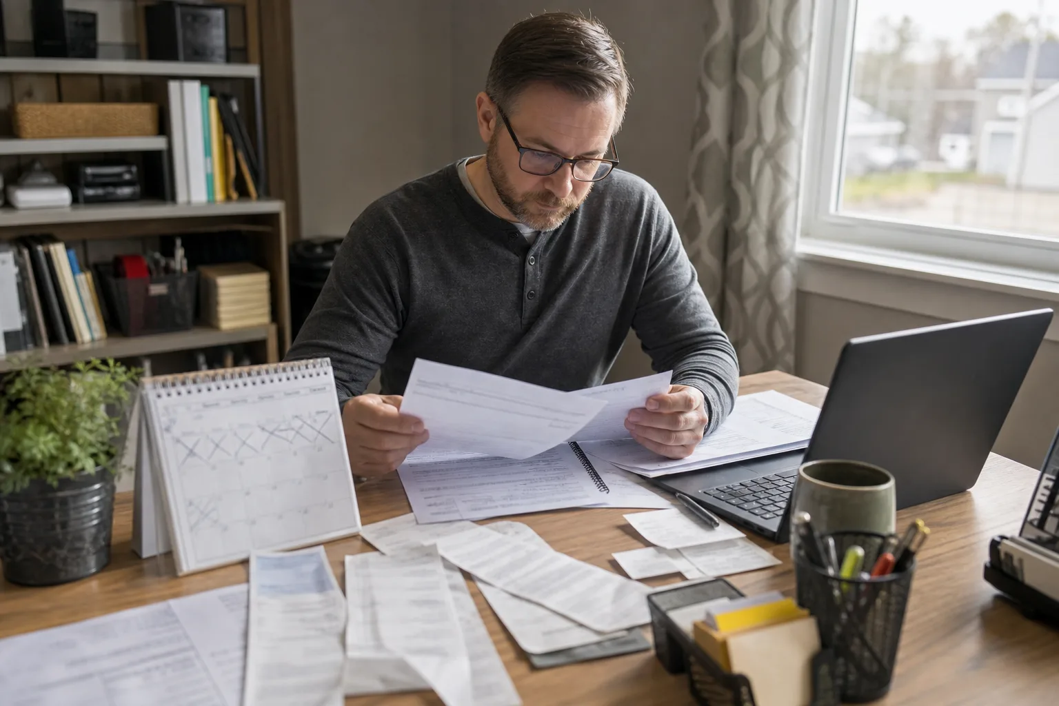 A worker organizing pay records and a calendar of missed workdays