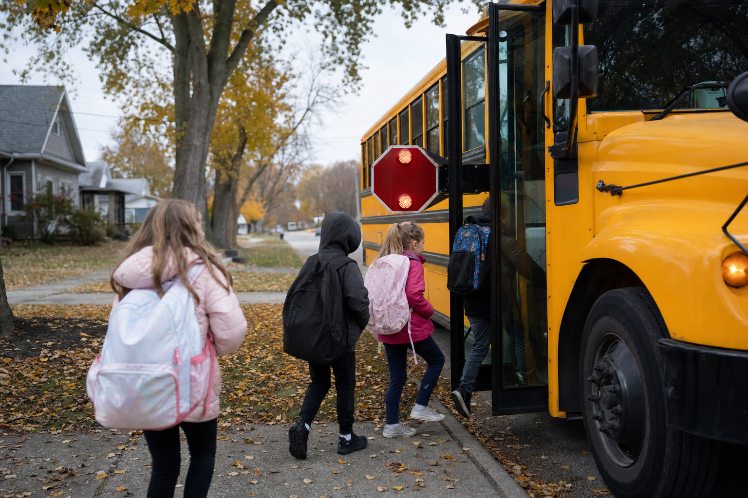 Children boarding a school bus at a Fort Wayne neighborhood stop with the stop arm extended