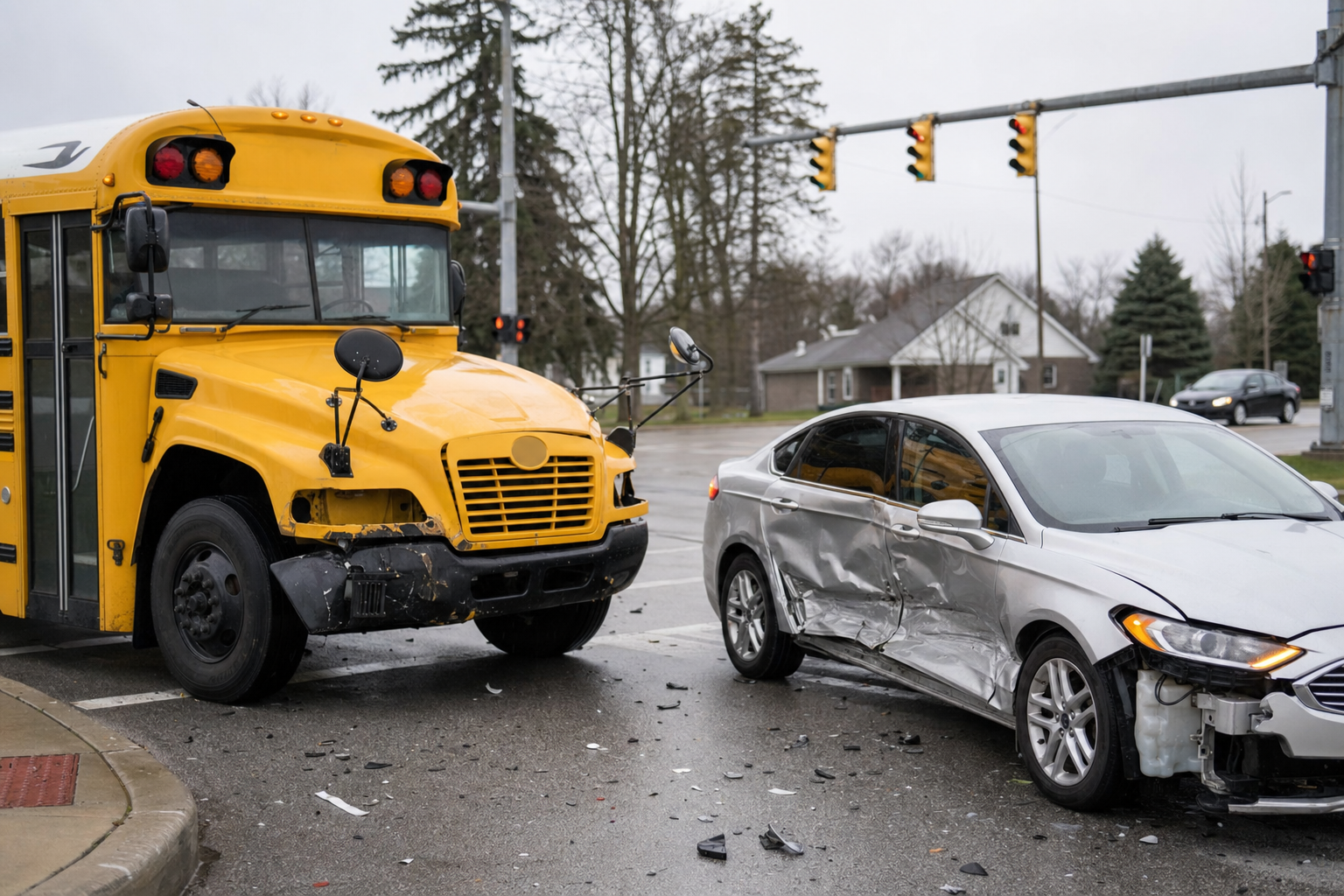 School bus and a passenger car after a collision at a Fort Wayne intersection