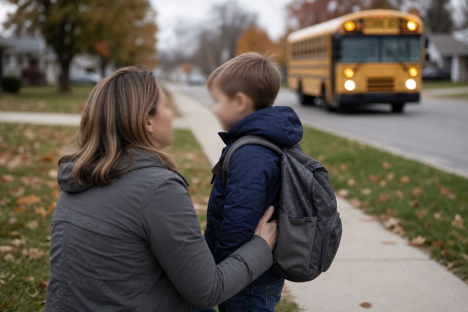 Parent comforting a child near a school bus stop in a Fort Wayne neighborhood