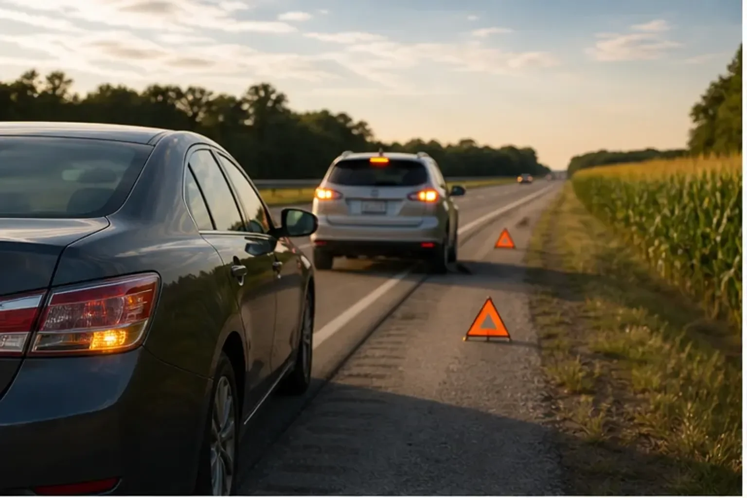 Indiana summer holiday weekend crash with vehicles safely pulled onto the shoulder with hazard lights