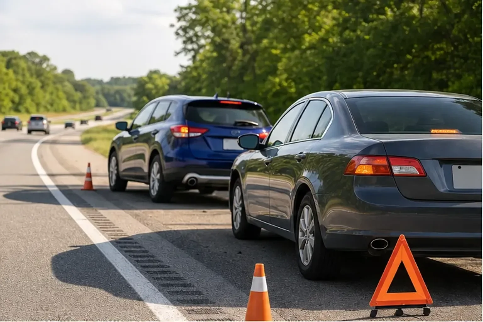 Drivers calmly exchanging insurance information and photographing vehicle damage after an Indiana crash
