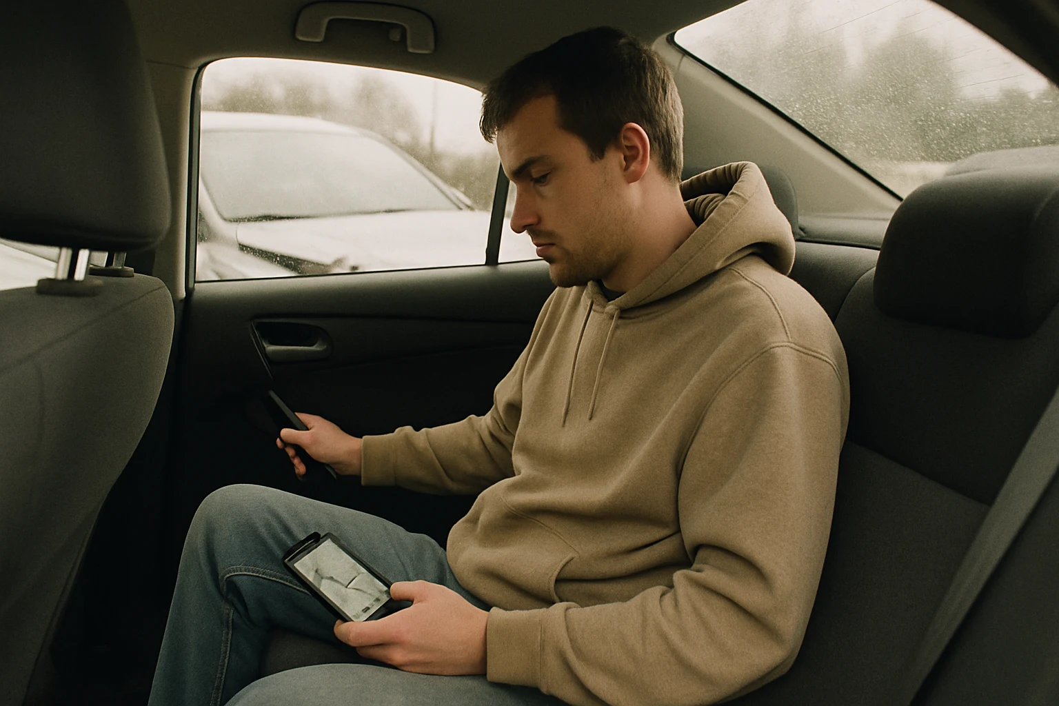 Injured Lyft passenger sitting in the back of a sedan after a Fort Wayne crash, holding their phone with the rideshare app open