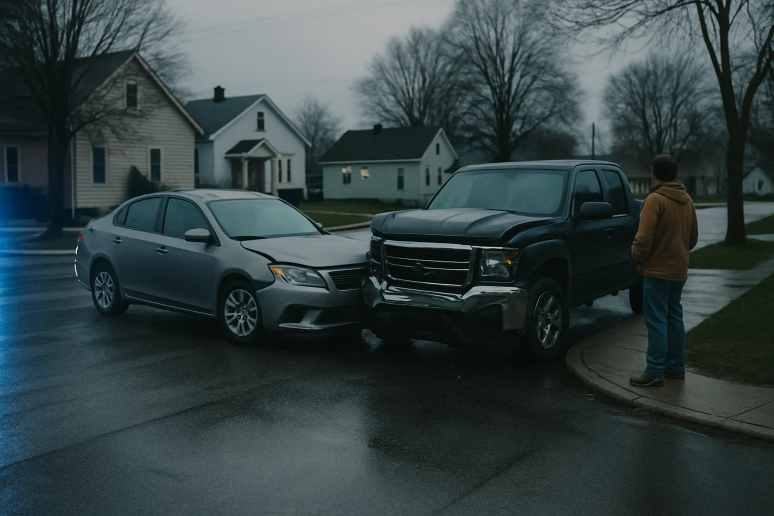 Two-vehicle crash at a Fort Wayne intersection with emergency lights reflecting off wet pavement