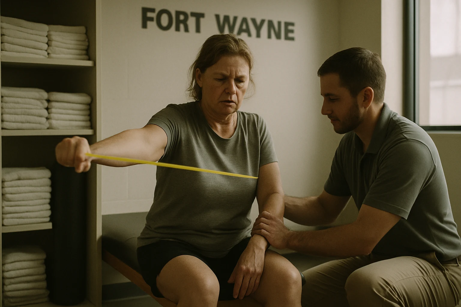 A Fort Wayne crash victim in a physical therapy session, working with a therapist on a resistance band