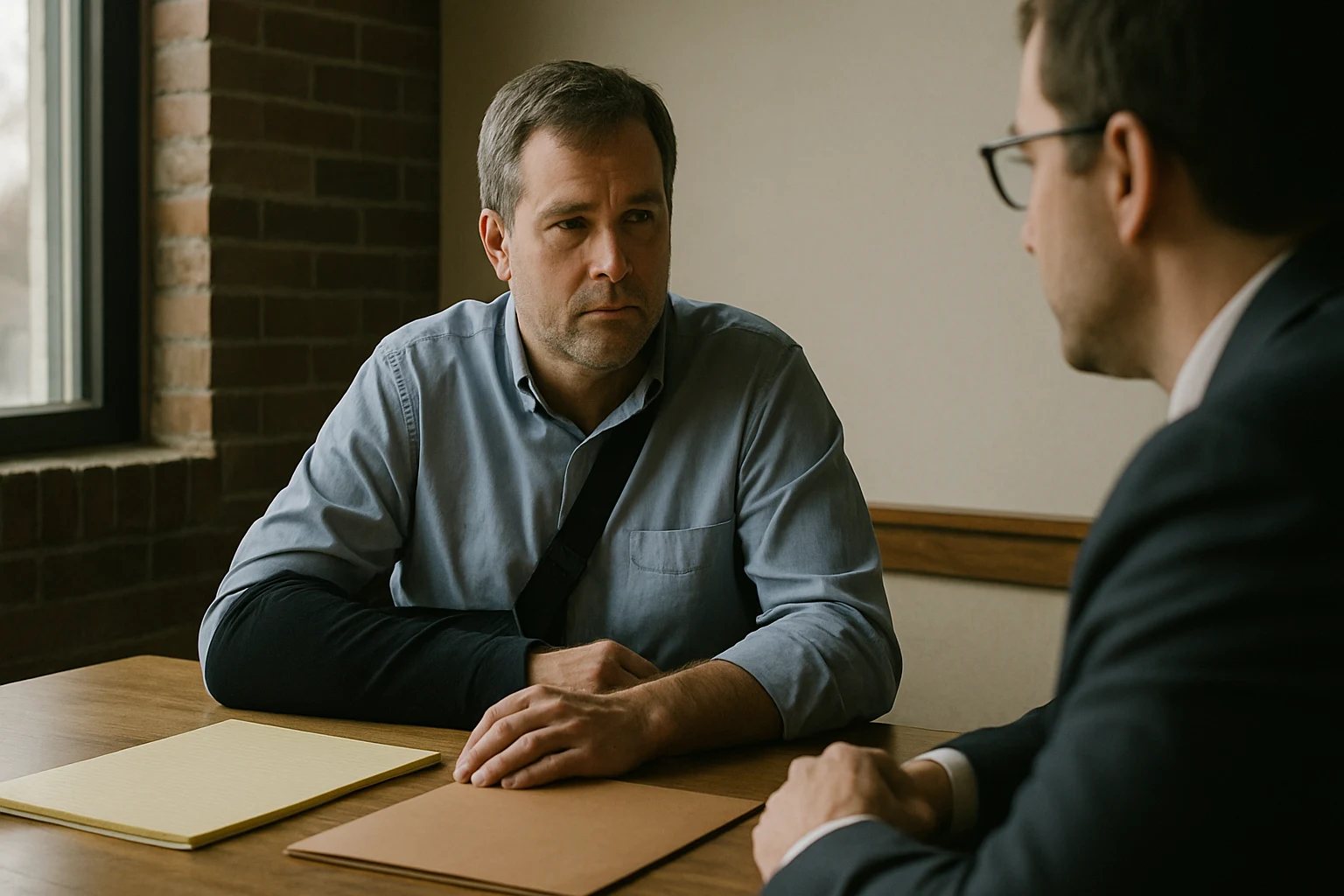 An attorney consulting with an injured client at a wooden table in a Fort Wayne law office
