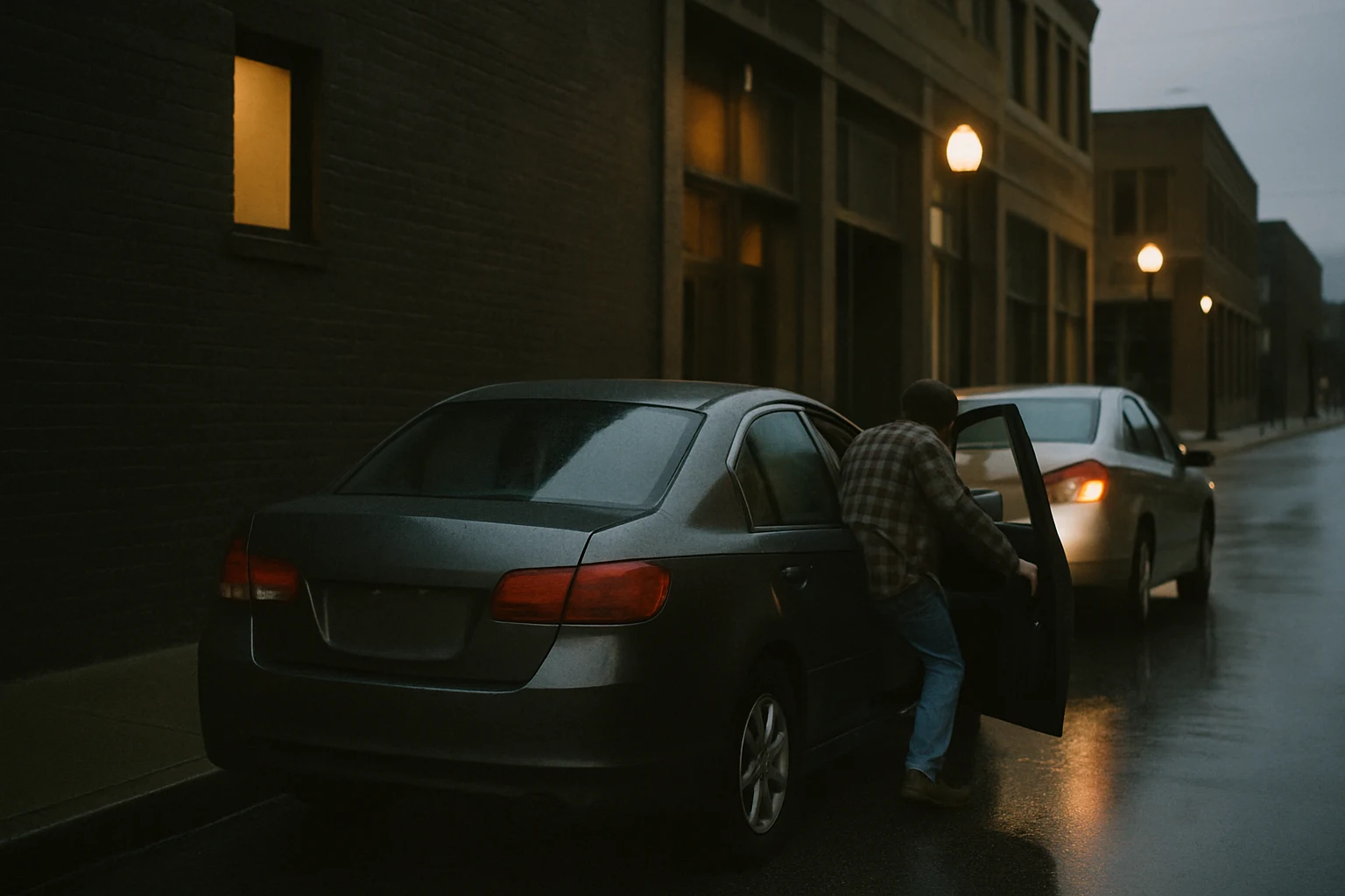 A Fort Wayne street at dusk with rideshare cars waiting outside a downtown venue