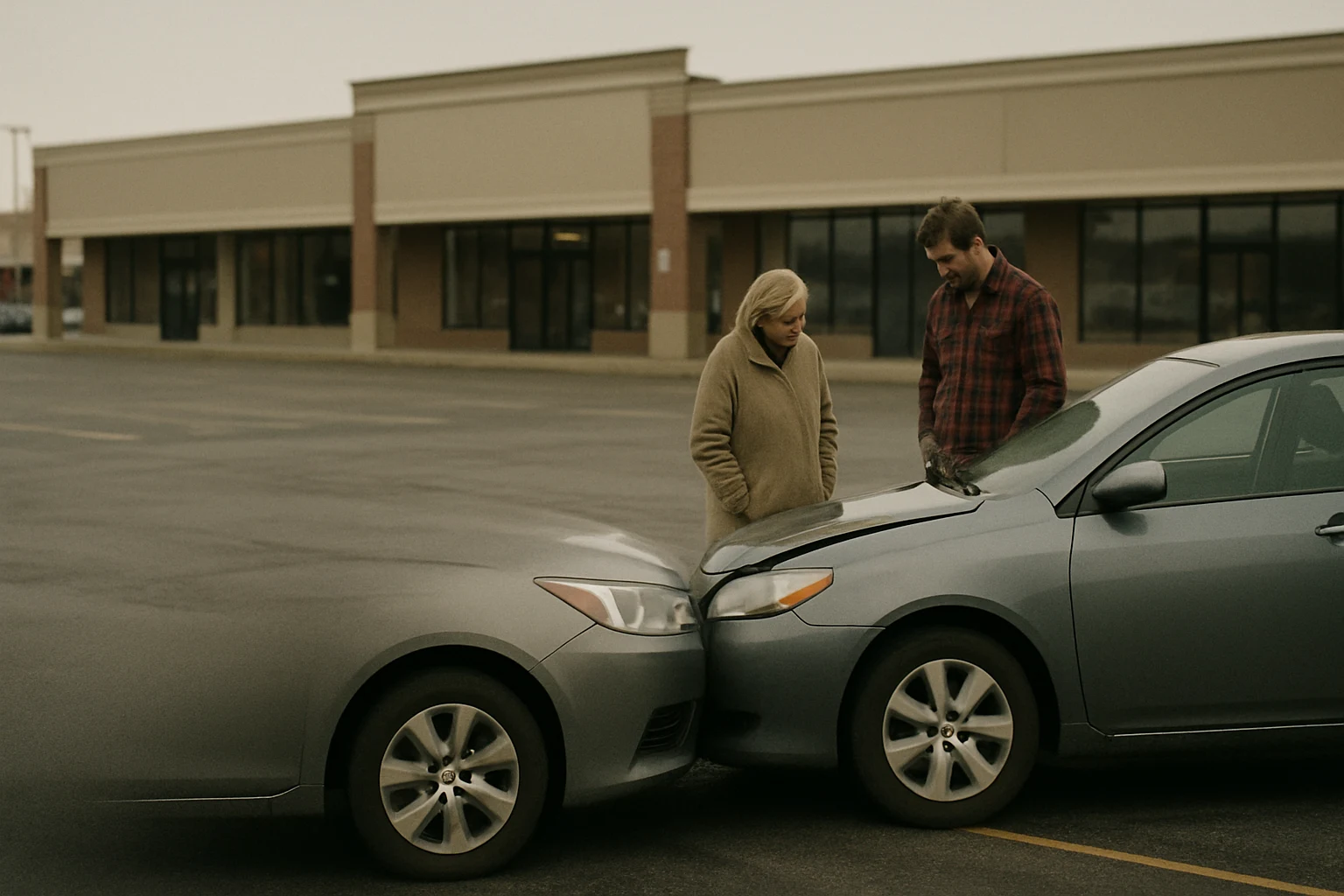 Two sedans nose to bumper in a Fort Wayne shopping plaza parking lot after a low-speed collision