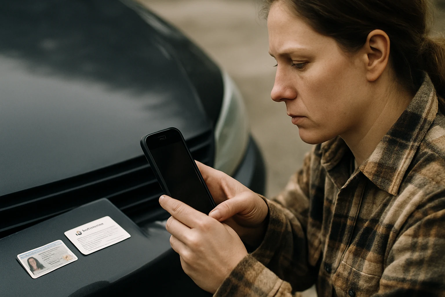 A woman in a flannel jacket photographing a driver's license and insurance card on a car hood in Fort Wayne